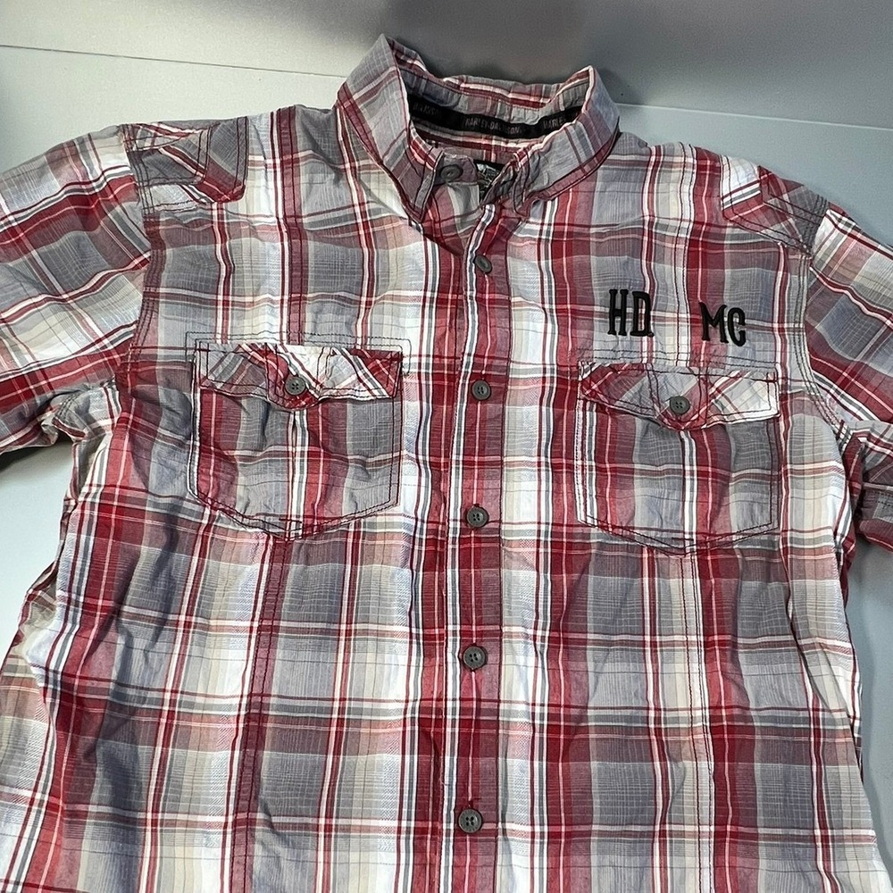 Harley Davidson Mens XL Red Plaid Short Sleeve Button Down Western Shirt HD MC